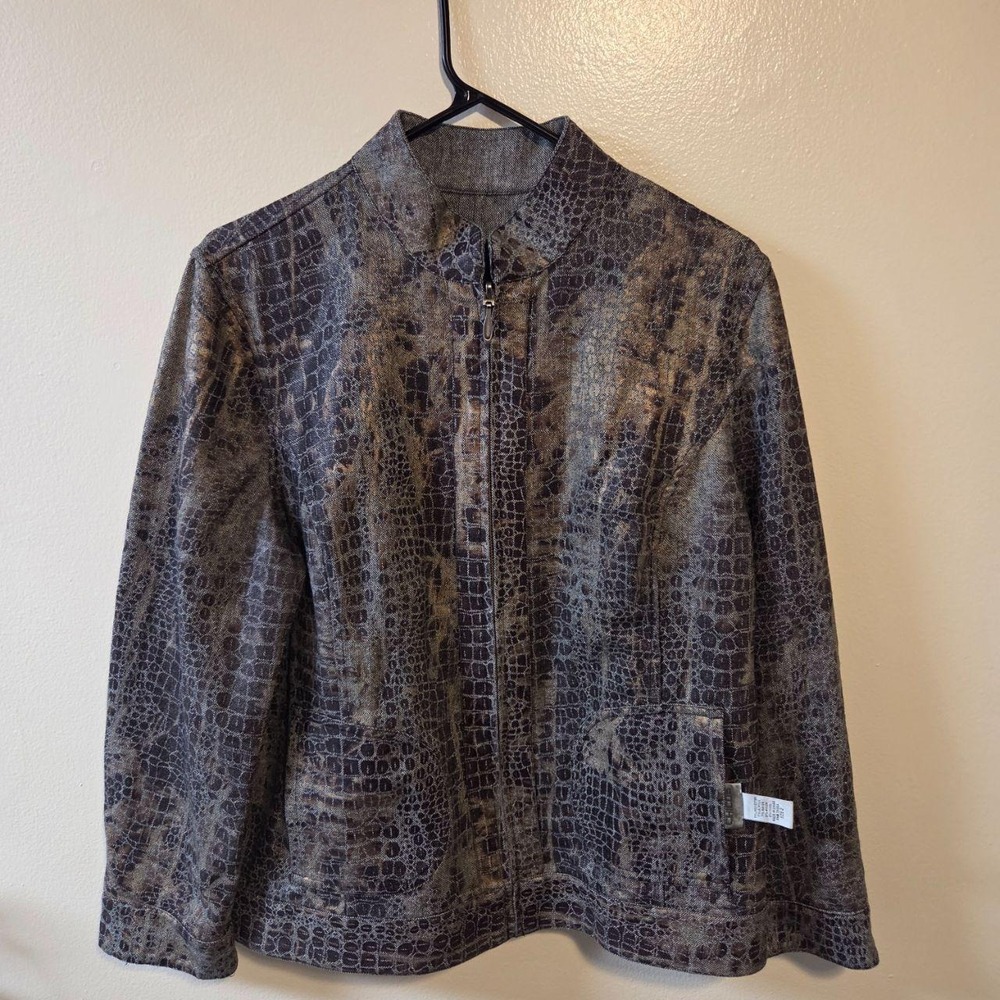 Chicos Crocodile Print Metallic Zip Front Jacket Brown Grey Mock Neck Size 2 L